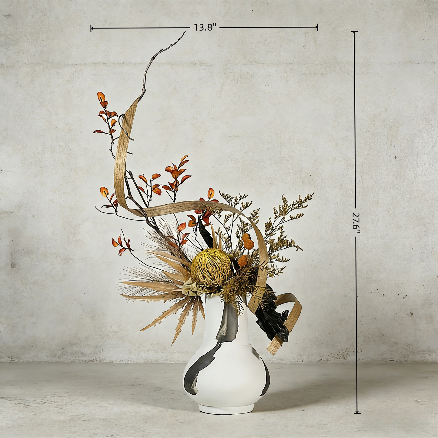 Unique Handmade Artificial Floral Art With Natural Wood Branch Arrangement In Ceramic Vase. Indoor Plant Gift For Home & Office