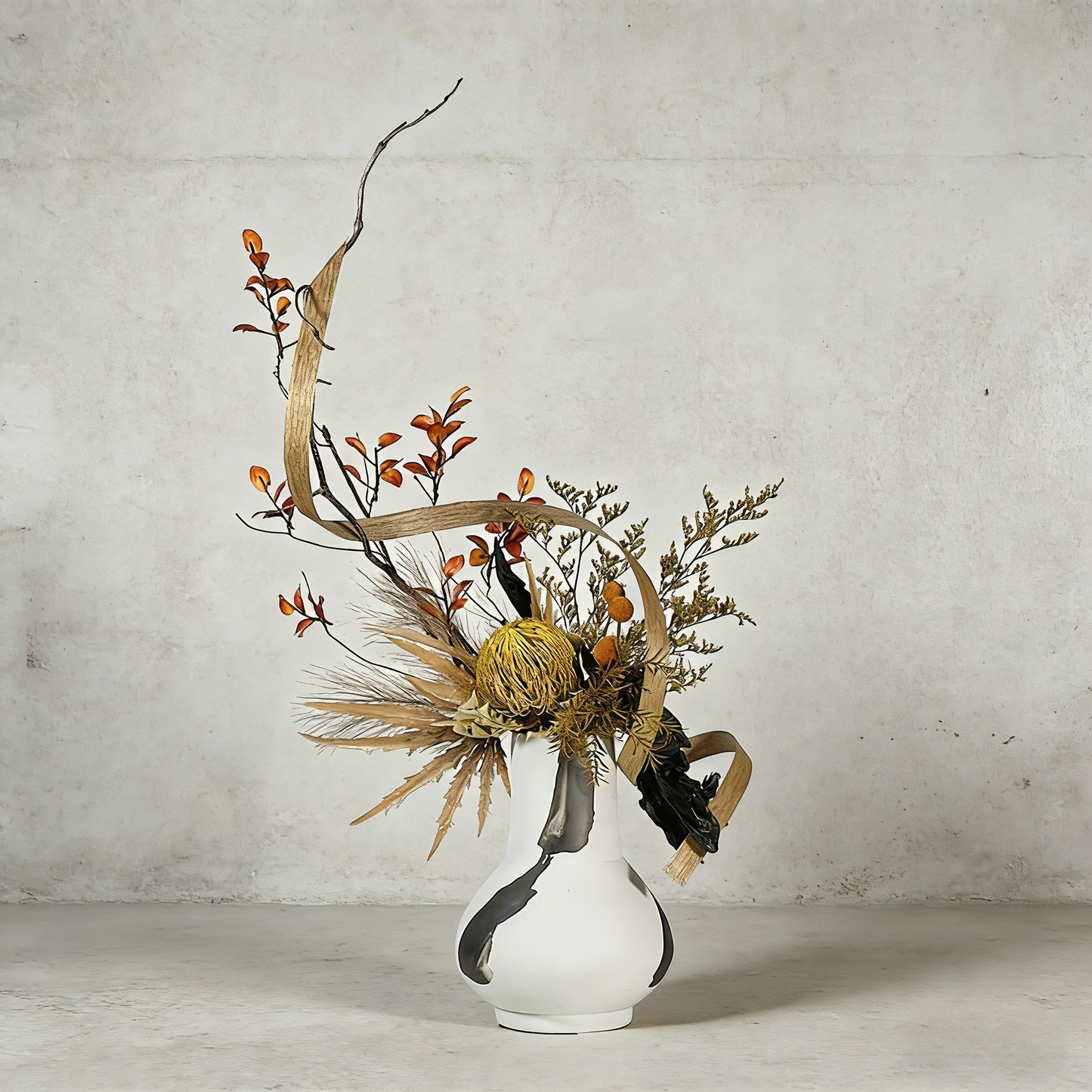 Unique Handmade Artificial Floral Art With Natural Wood Branch Arrangement In Ceramic Vase. Indoor Plant Gift For Home & Office