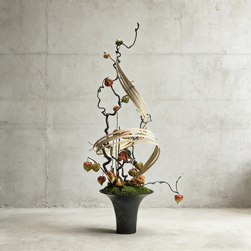 Handmade Preserved Moss With Artificial Floral, Natural Wood Arrangement In Ceramic Vase, Zen Decor for Home & Office. Indoor Plant Gift