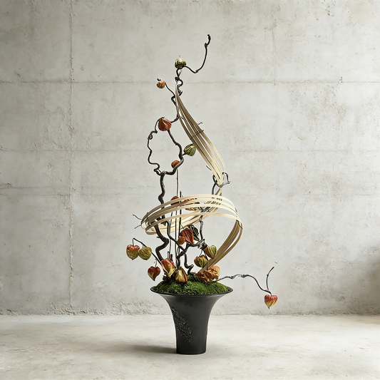 Handmade Preserved Moss With Artificial Floral, Natural Wood Arrangement In Ceramic Vase, Zen Decor for Home & Office. Indoor Plant Gift