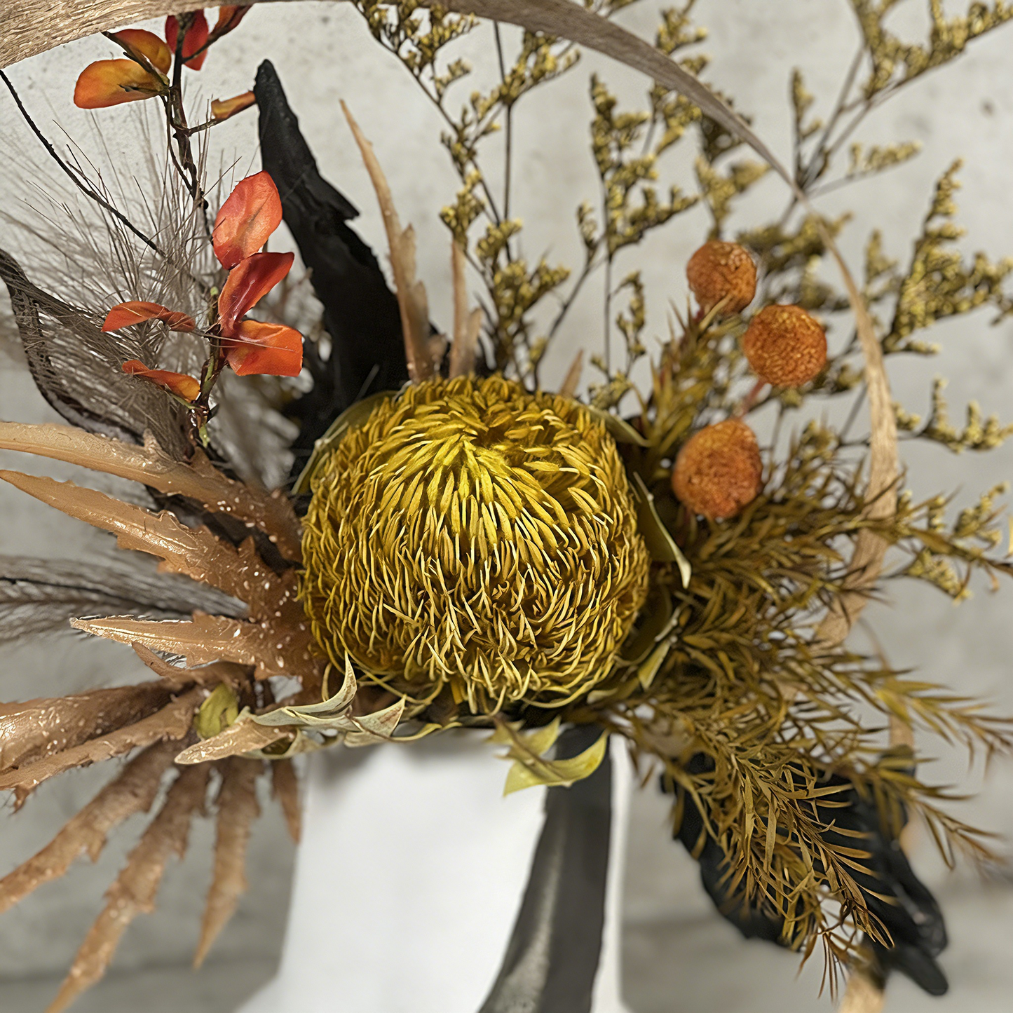 Unique Handmade Artificial Floral Art With Natural Wood Branch Arrangement In Ceramic Vase. Indoor Plant Gift For Home & Office