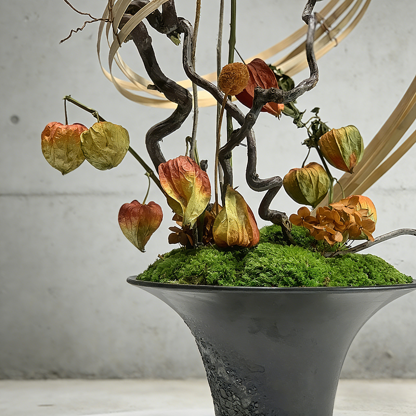 Handmade Preserved Moss With Artificial Floral, Natural Wood Arrangement In Ceramic Vase, Zen Decor for Home & Office. Indoor Plant Gift