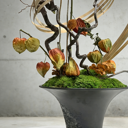 Handmade Preserved Moss With Artificial Floral, Natural Wood Arrangement In Ceramic Vase, Zen Decor for Home & Office. Indoor Plant Gift