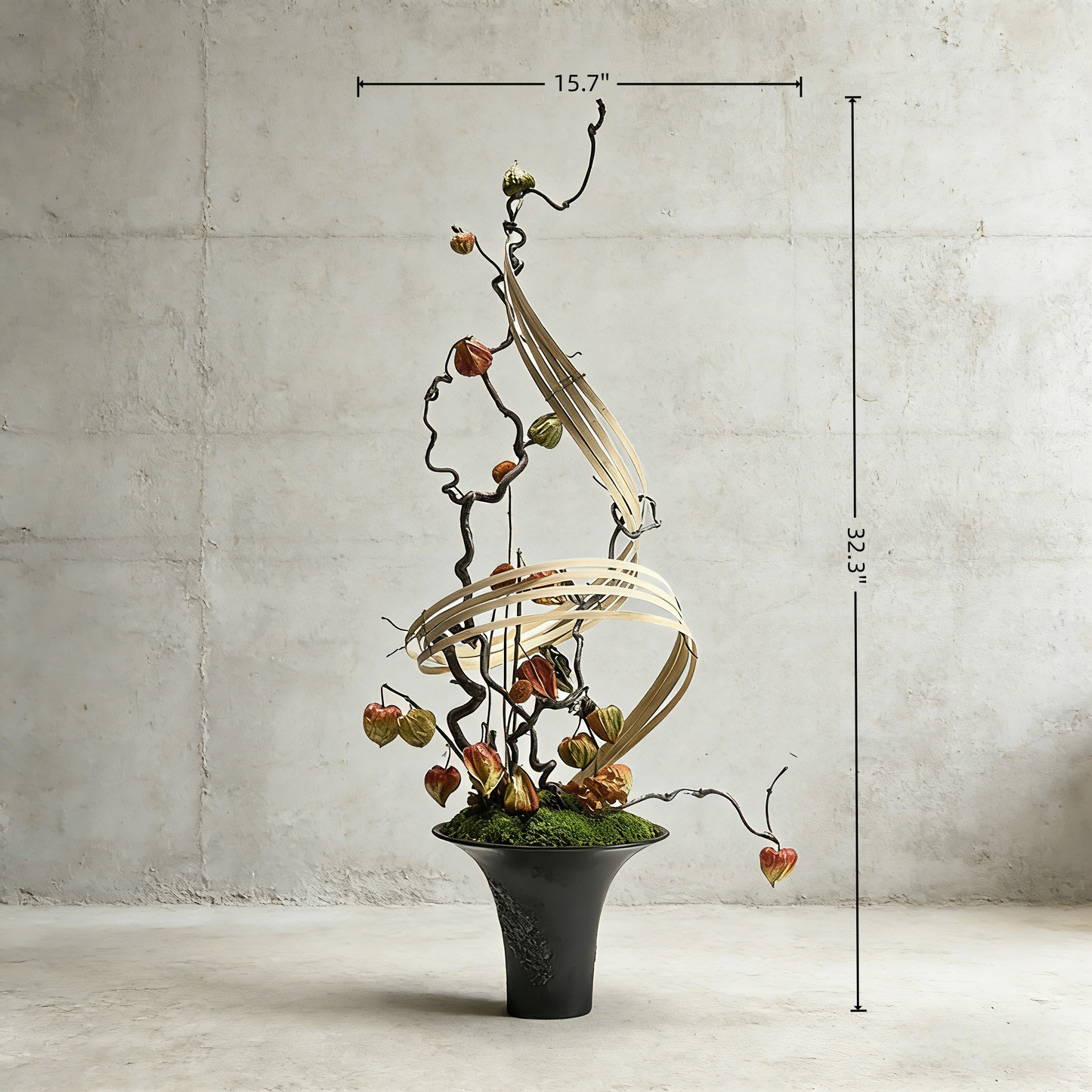 Handmade Preserved Moss With Artificial Floral, Natural Wood Arrangement In Ceramic Vase, Zen Decor for Home & Office. Indoor Plant Gift