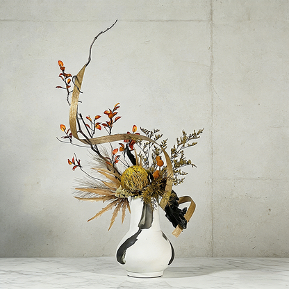 Unique Handmade Artificial Floral Art With Natural Wood Branch Arrangement In Ceramic Vase. Indoor Plant Gift For Home & Office