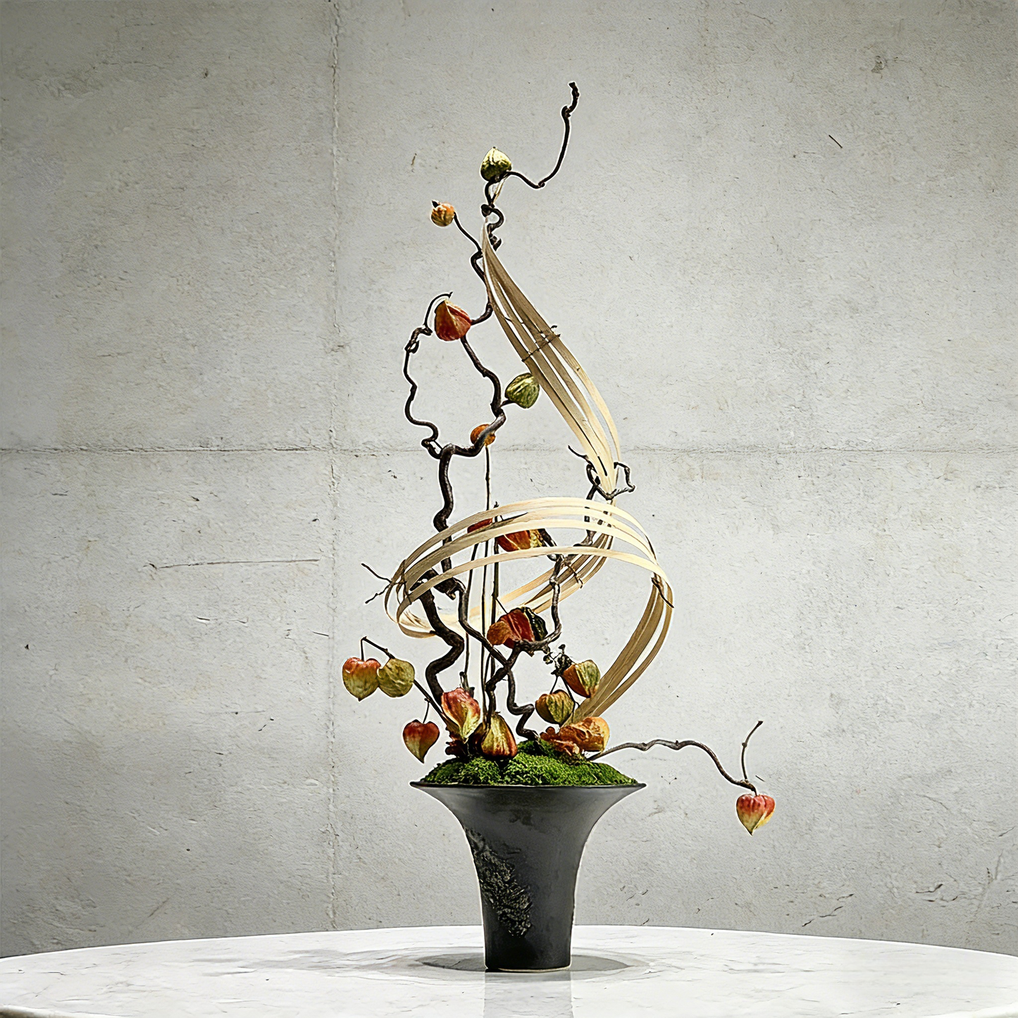 Handmade Preserved Moss With Artificial Floral, Natural Wood Arrangement In Ceramic Vase, Zen Decor for Home & Office. Indoor Plant Gift